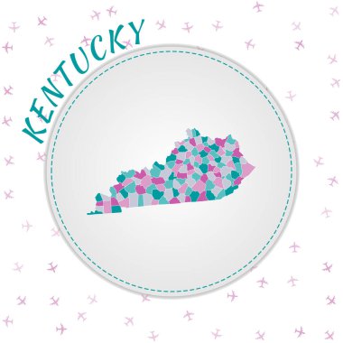 Kentucky map design. Map of the us state with regions in emerald-amethyst color palette. Rounded travel to Kentucky poster with us state name and airplanes background. Superb vector illustration.
