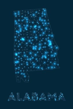 Alabama network map. Abstract geometric map of the us state. Internet connections and telecommunication design. Trendy vector illustration.