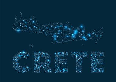 Crete network map. Abstract geometric map of the island. Internet connections and telecommunication design. Cool vector illustration.