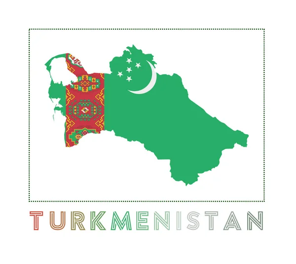 Turkmenistán Logo Mapa de Turkmenistán con el nombre del país y la bandera Trendy vector illustration — Archivo Imágenes Vectoriales
