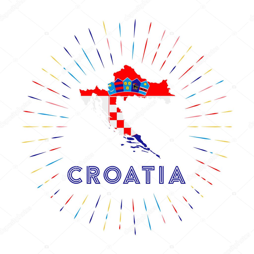 Croatia sunburst badge. The country sign with map of Croatia with Croatian flag. Colorful rays around the logo. Vector illustration.