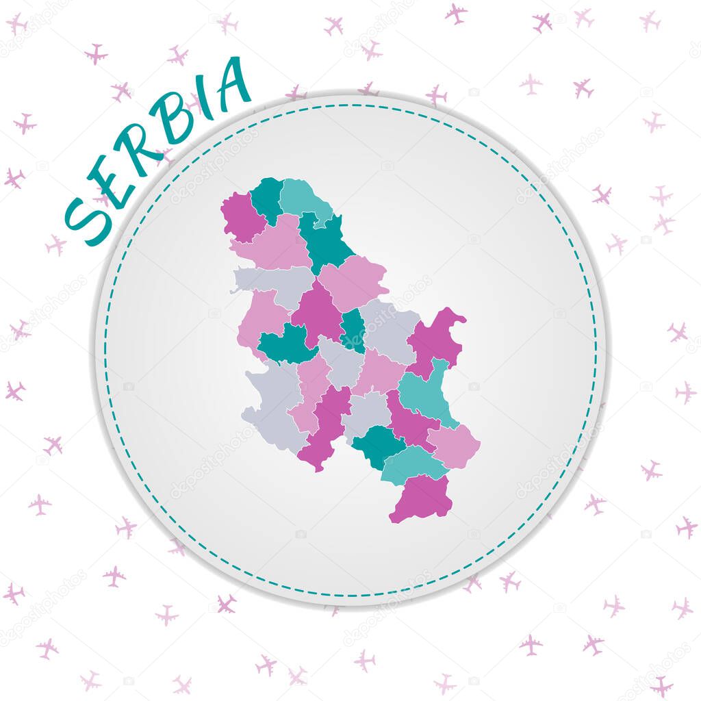 Serbia map design Map of the country with regions in emeraldamethyst color palette Rounded travel