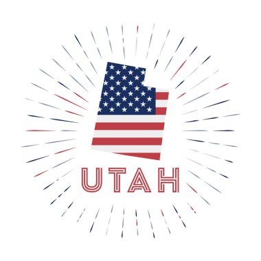 Utah sunburst badge. The us state sign with map of Utah with American flag. Colorful rays around the logo. Vector illustration.