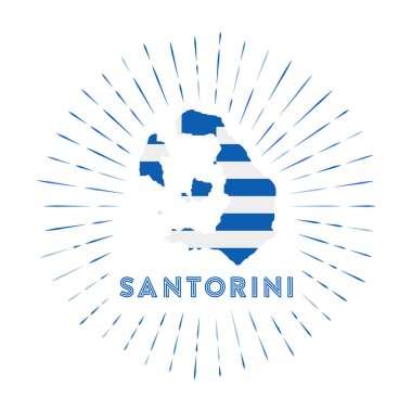 Santorini sunburst badge. The island sign with map of Santorini with Greek flag. Colorful rays around the logo. Vector illustration.