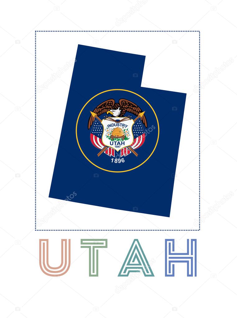 Utah Logo. Map of Utah with us state name and flag. Authentic vector illustration.