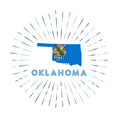Oklahoma sunburst badge. The us state sign with map of Oklahoma with state flag. Colorful rays around the logo. Vector illustration.