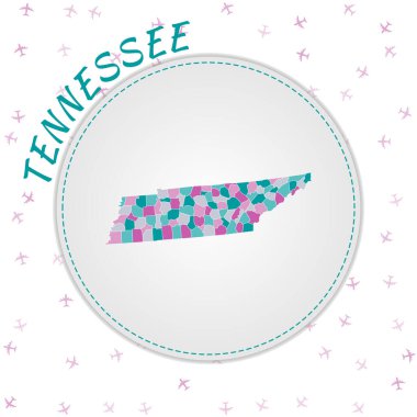 Tennessee map design. Map of the us state with regions in emerald-amethyst color palette. Rounded travel to Tennessee poster with us state name and airplanes background. Amazing vector illustration.
