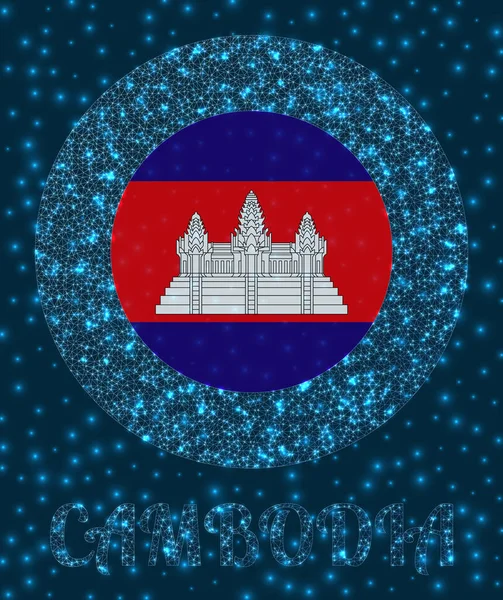 Runde Kambodscha Abzeichen Flagge von Kambodscha in glühenden Netzwerk-Maschen-Stil Land Netzwerk-Logo Ehrfürchtig — Stockvektor