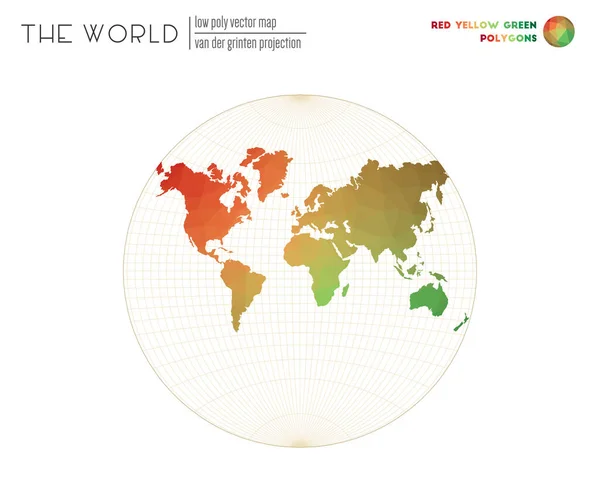 Abstract geometrische wereldkaart Van der Grinten projectie van de wereld Rood Geel Groen gekleurd — Stockvector