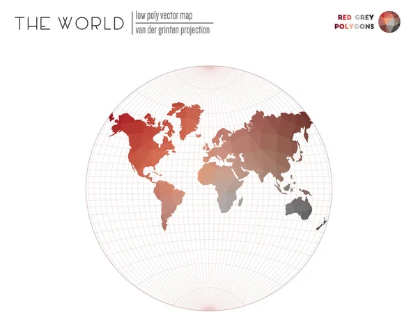 Wereldkaart in polygonale stijl Van der Grinten projectie van de wereld Rood Grijs gekleurde polygonen — Stockvector