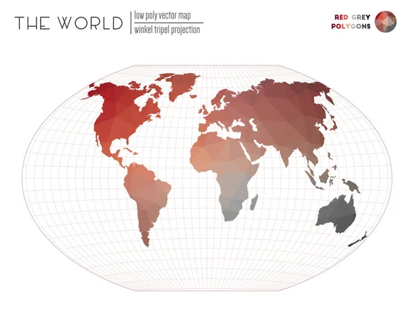Abstract geometrische wereldkaart Winkel tripel projectie van de wereld Rood Grijs gekleurde polygonen — Stockvector