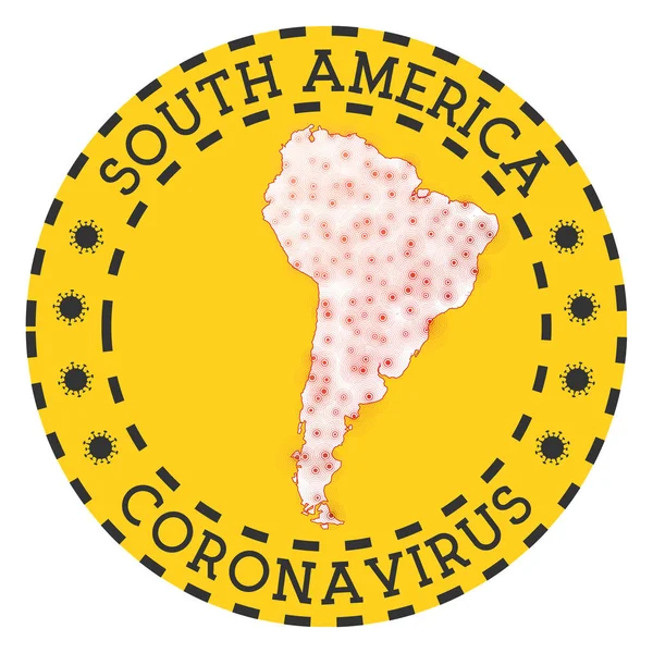 Coronavirus en América del Sur signo placa redonda con forma de América del Sur Amarillo continente bloqueo — Vector de stock