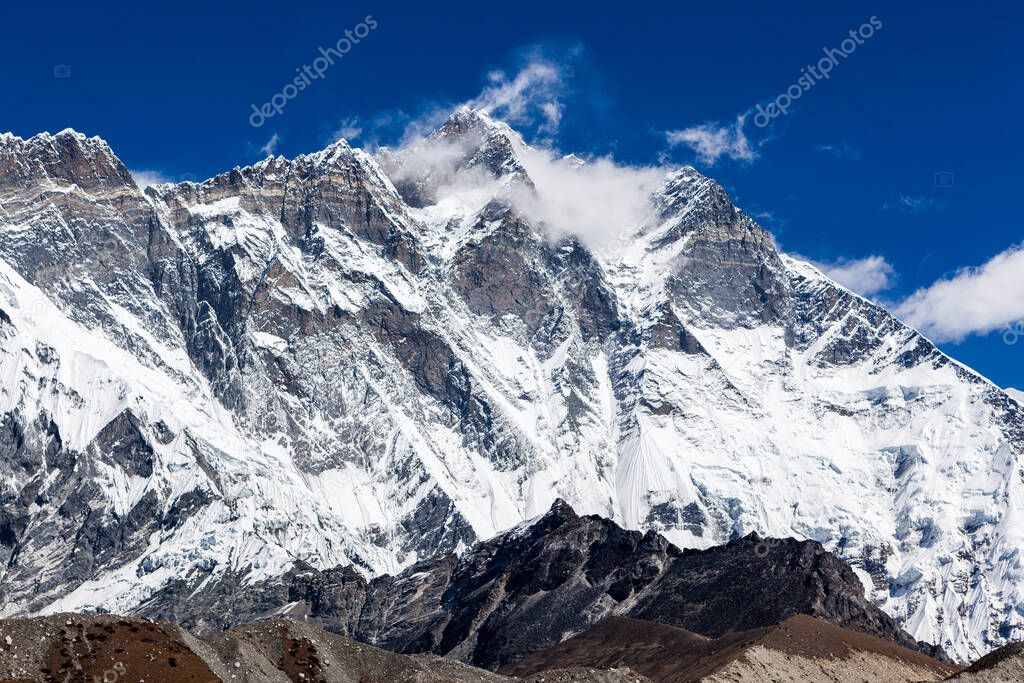 South Face of Mount Lhotse in Himalayas High and steep mountain wall in Nepal View from Chukhung