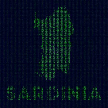 Digital Sardinia logo Island symbol in hacker style Binary code map of Sardinia with island name