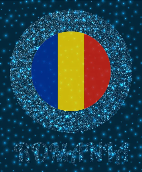 Round Romania badge Flag of Romania in glowing network mesh style Country network logo Attractive — Διανυσματικό Αρχείο