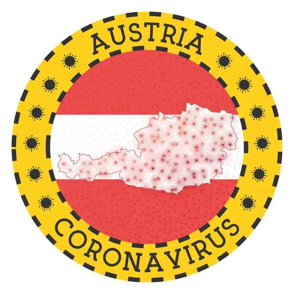 Coronavirus en Austria signo insignia redonda con forma de Austria país amarillo bloqueo emblema con — Vector de stock