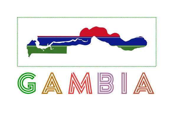 Gambia Logo Mapa de Gambia con nombre del país y bandera Potente ilustración vectorial — Vector de stock