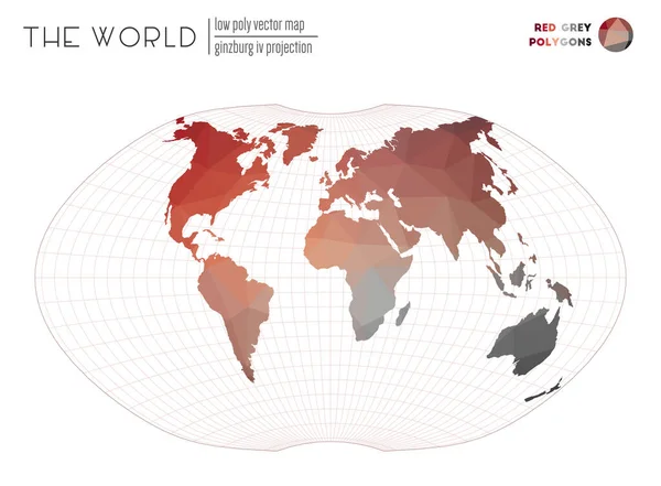 Vector kaart van de wereld Ginzburg IV projectie van de wereld Rood Grijs gekleurde polygonen — Stockvector