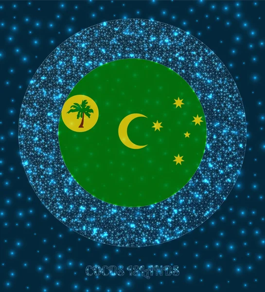 Runde Kokosinseln Abzeichen Flagge der Kokosinseln in leuchtendem Netzwerkstil Ländernetzwerk — Stockvektor