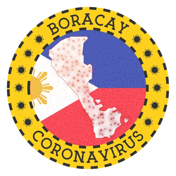 ボラカイ島のサインでコロナウイルス丸バッジボラカイの形をした黄色の島のロックダウンエンブレム付き — ストックベクタ