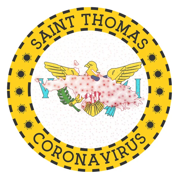 Koronavirus ve znamení svatého Tomáše Kulatý odznak ve tvaru ostrova Svatého Tomáše Žlutého — Stockový vektor
