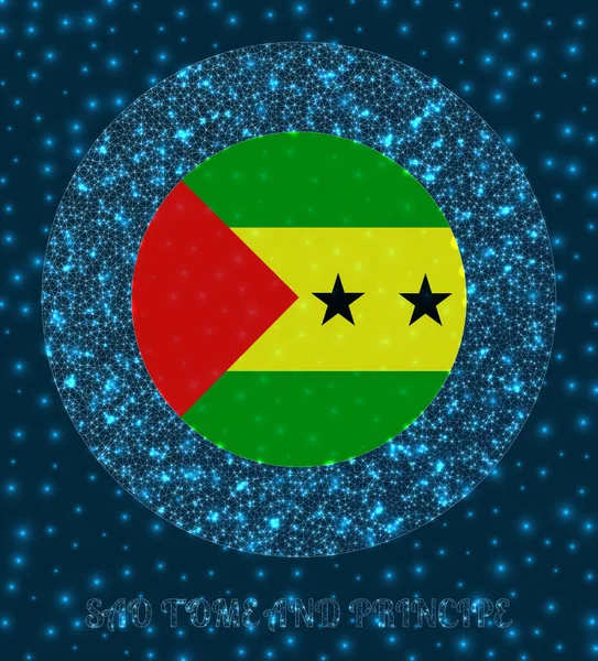 Bandera de insignia de Santo Tomé y Príncipe alrededor de Santo Tomé y Príncipe en forma de malla de red brillante. — Vector de stock