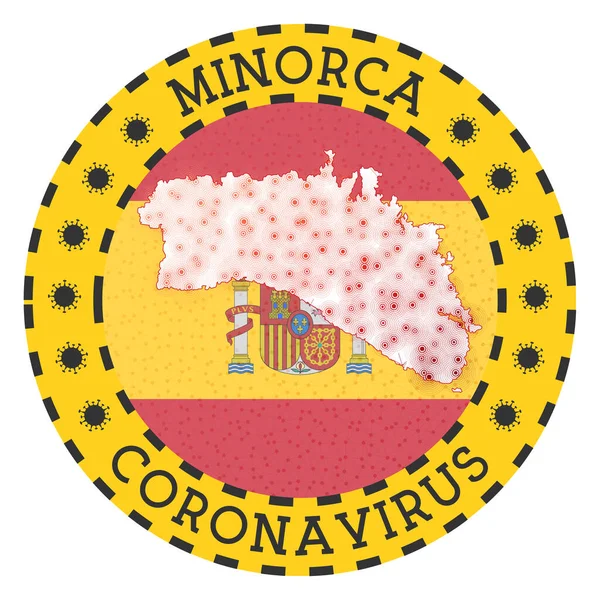 Coronavirus a Minorca segno distintivo rotondo con la forma di Minorca Isola Gialla bloccare emblema con — Vettoriale Stock