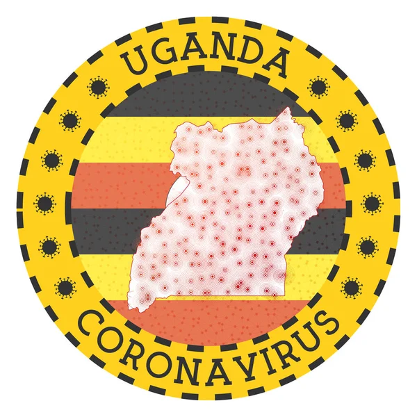 Коронавирус в Уганде обозначают круглым значком с формой угандийской желтой страны — стоковый вектор