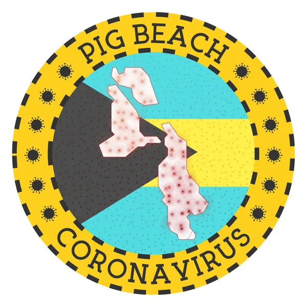 豚のビーチサインのコロナウイルス豚のビーチの形をした丸いバッジ黄色の島のロックダウンエンブレム — ストックベクタ