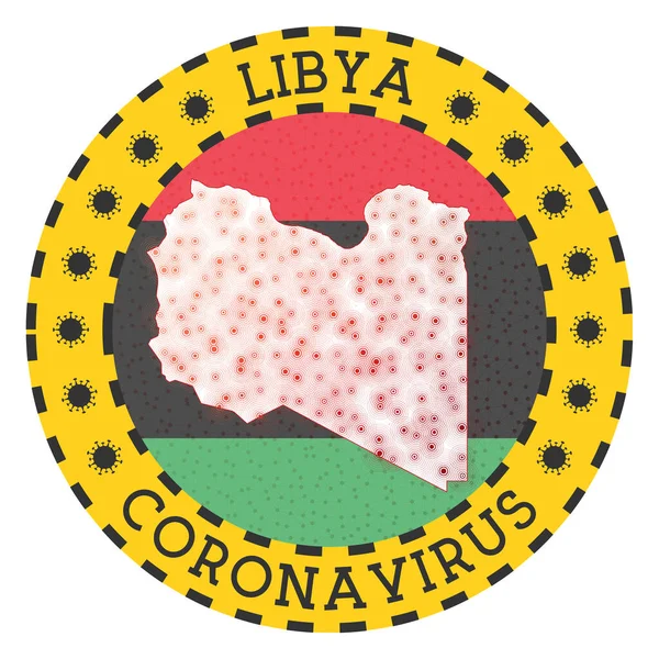 리비아의 코로나 바이러스 라운드 배지에 리비아의 노란 나라 모양의 문장이 걸려 있습니다. — 스톡 벡터