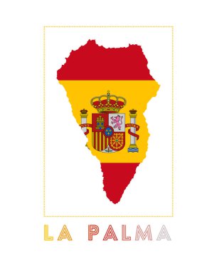 La Palma Logo Haritası. Adanın adı ve bayrağı büyüleyici vektör çizimi.