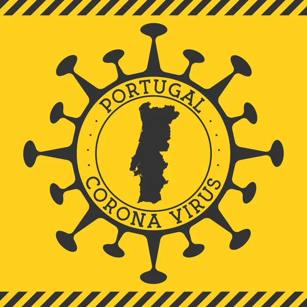 Corona virus in Portogallo segno distintivo Rotonda con forma di virus e Portogallo mappa Giallo paese — Vettoriale Stock