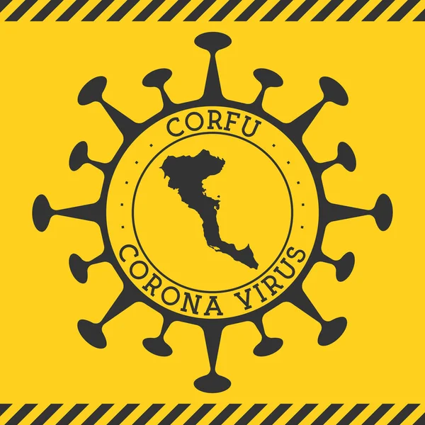 Corona virus in Corfù segno Tondo distintivo con forma di virus e Corfù mappa Isola gialla epidemia — Vettoriale Stock