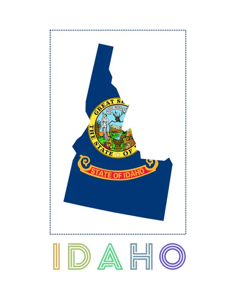 Idaho Logo Mapa Idaha s námi uveďte název a vlajku Okouzlující vektorová ilustrace — Stockový vektor