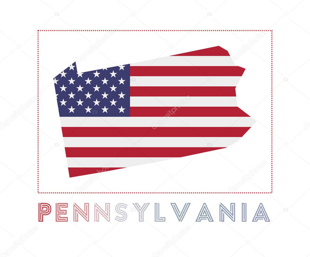 Pennsylvania Logo Map of Pennsylvania with us state name and flag Powerful vector illustration