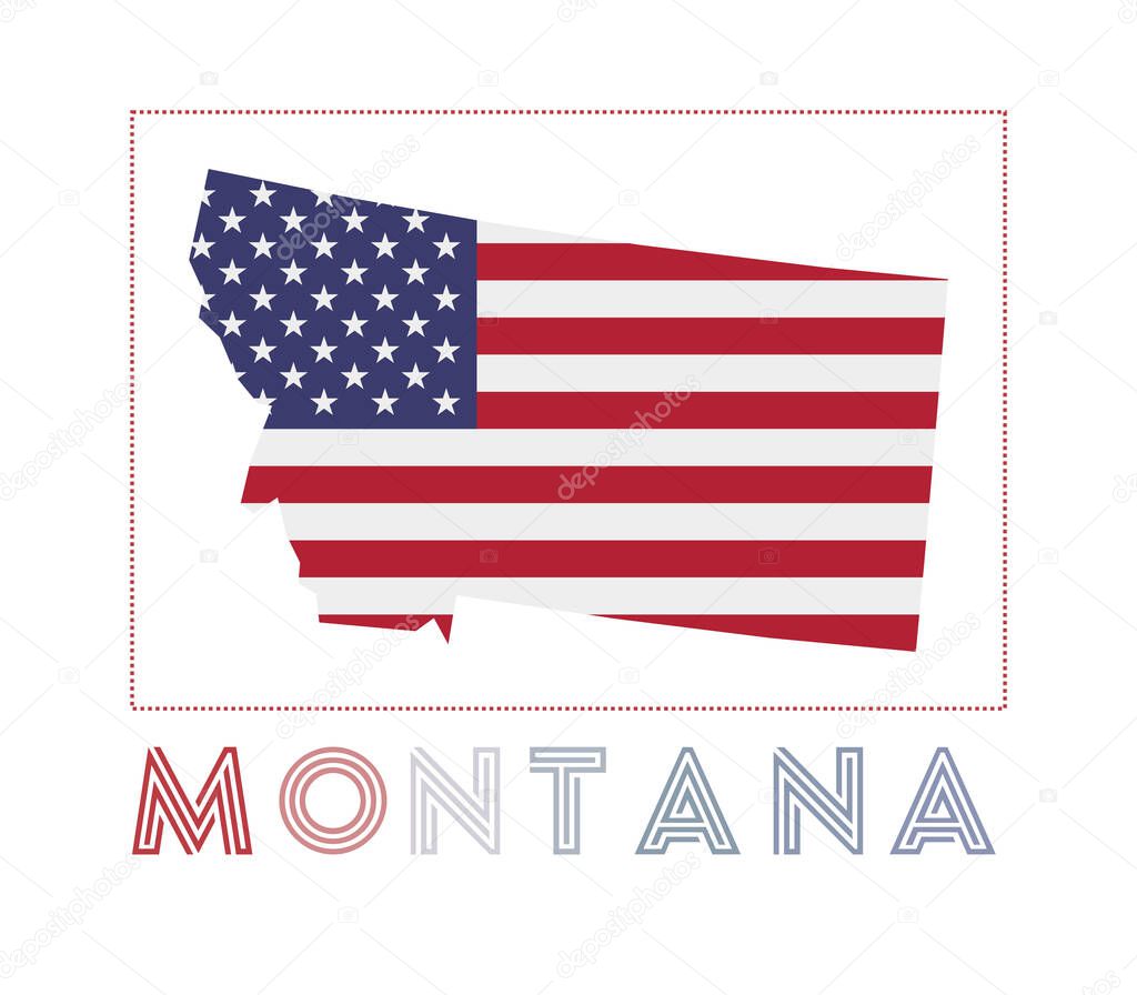Montana Logo. Map of Montana with us state name and flag. Modern vector illustration.