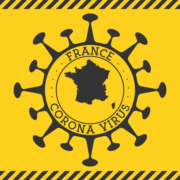 Fransa 'daki Corona virüsü, virüs ve Fransa haritası şeklinde yuvarlak rozet imzaladı. — Stok Vektör