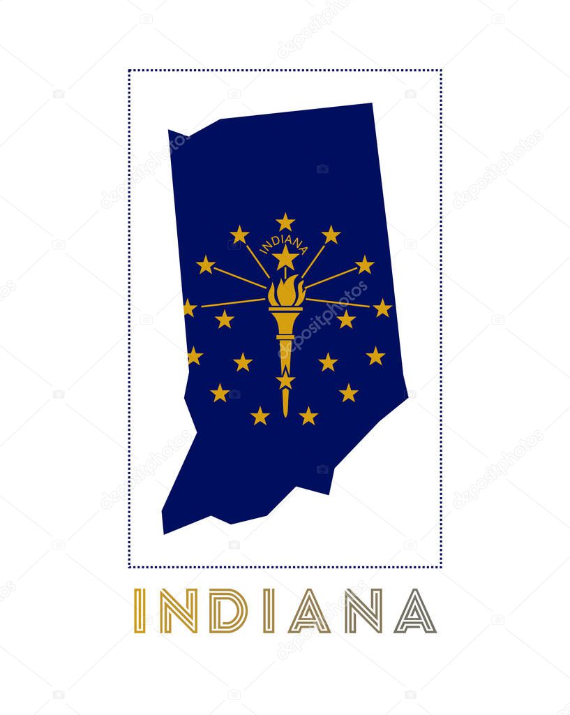 Indiana Logo. Map of Indiana with us state name and flag. Elegant vector illustration.