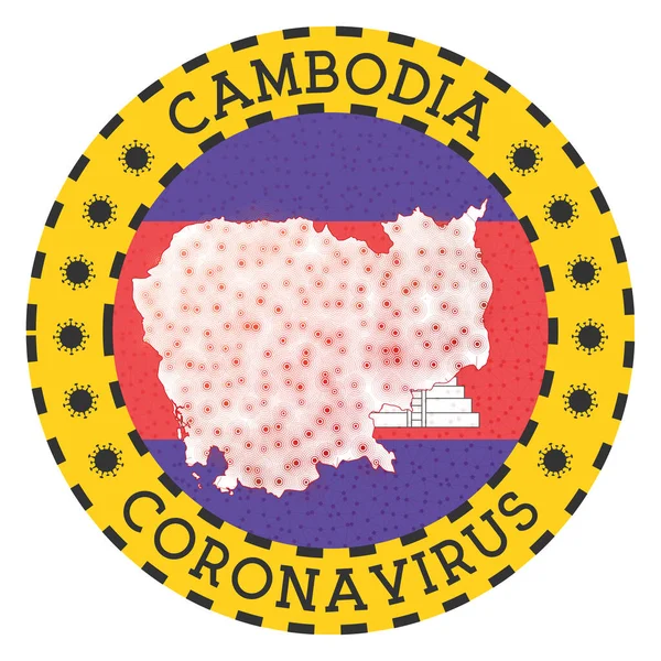 Coronavirus en Camboya signo Insignia redonda con forma de camboyano emblema de bloqueo del país amarillo — Vector de stock