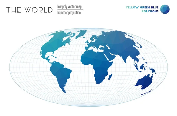 Vector kaart van de wereld Hamer projectie van de wereld Geel Groen Blauw gekleurde polygonen Elegante — Stockvector