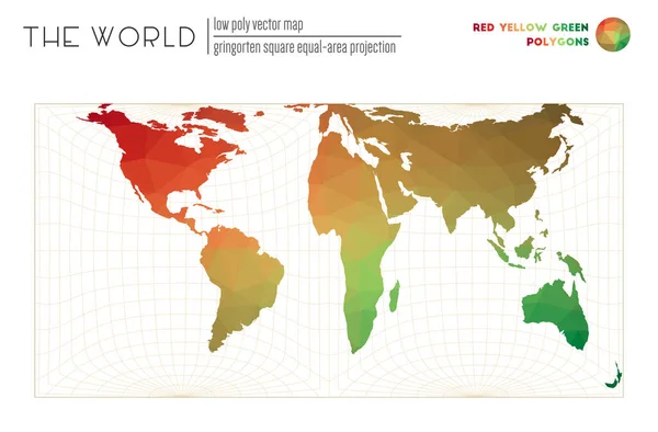 Meerhoekige kaart van de wereld Gringorten vierkante evenwijdige oppervlakte projectie van de wereld Rood Geel Groen — Stockvector