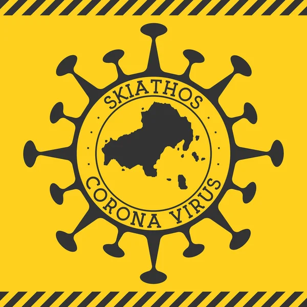 Corona virus in Skiathos sign Round badge with shape of virus and Skiathos map Yellow island — Stock Vector