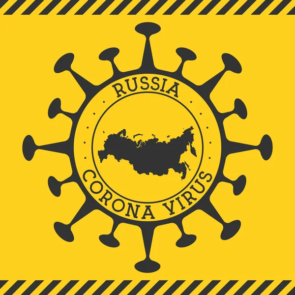 Vírus da Corona na Rússia assina crachá redondo com forma de vírus e mapa da Rússia — Vetor de Stock