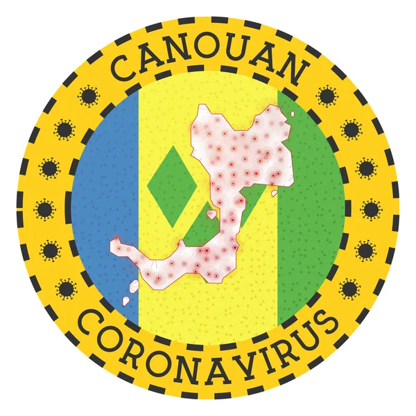 Coronavirus in Canouan teken Ronde badge met de vorm van Canouan Yellow eiland lock down embleem met — Stockvector