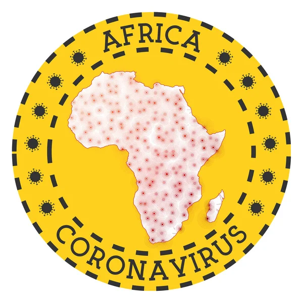 Coronavirus em África assinar emblema redondo com forma de África continente amarelo bloquear emblema com —  Vetores de Stock