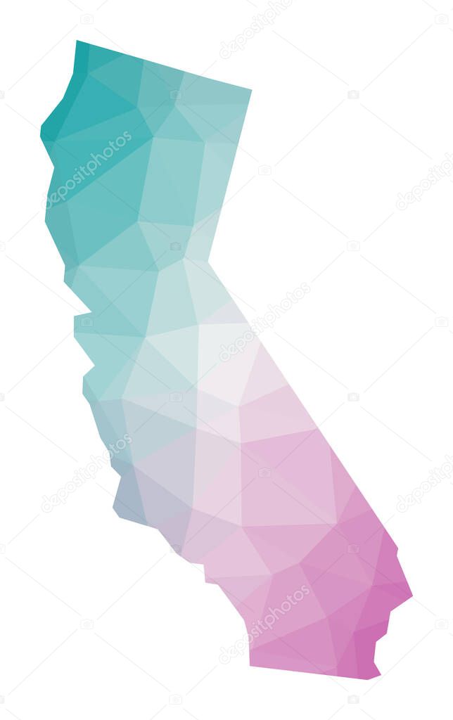 Polygonal map of California Geometric illustration of the us state in emerald amethyst colors