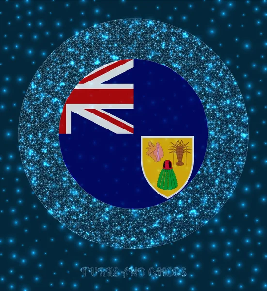 Okrągłe Turks i Caicos odznaka Flaga Turks i Caicos w świecącym sieci w stylu siatki Kraj — Wektor stockowy