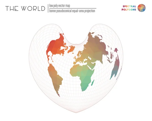 Polygonale Weltkarte Bonne pseudokonische Gleichflächenprojektion der Welt Spektralfarben — Stockvektor