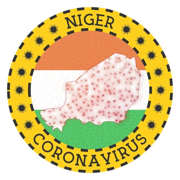 Coronavírus no sinal do Níger Emblema redondo com forma de Níger Amarelo país bloquear emblema com —  Vetores de Stock