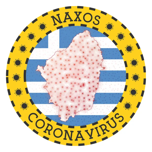 낙소스에 있는 코로나 바이러스는 라운드 배지에 Naxos 노란 섬의 모양을 하고 있습니다. — 스톡 벡터